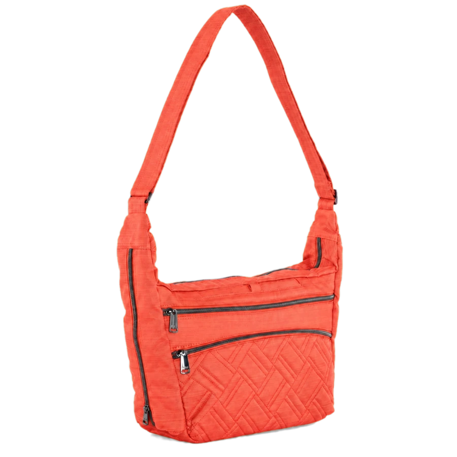 Custom quilted shoulder bag / coral — bag sample developed and produced by ProtoBag Studio