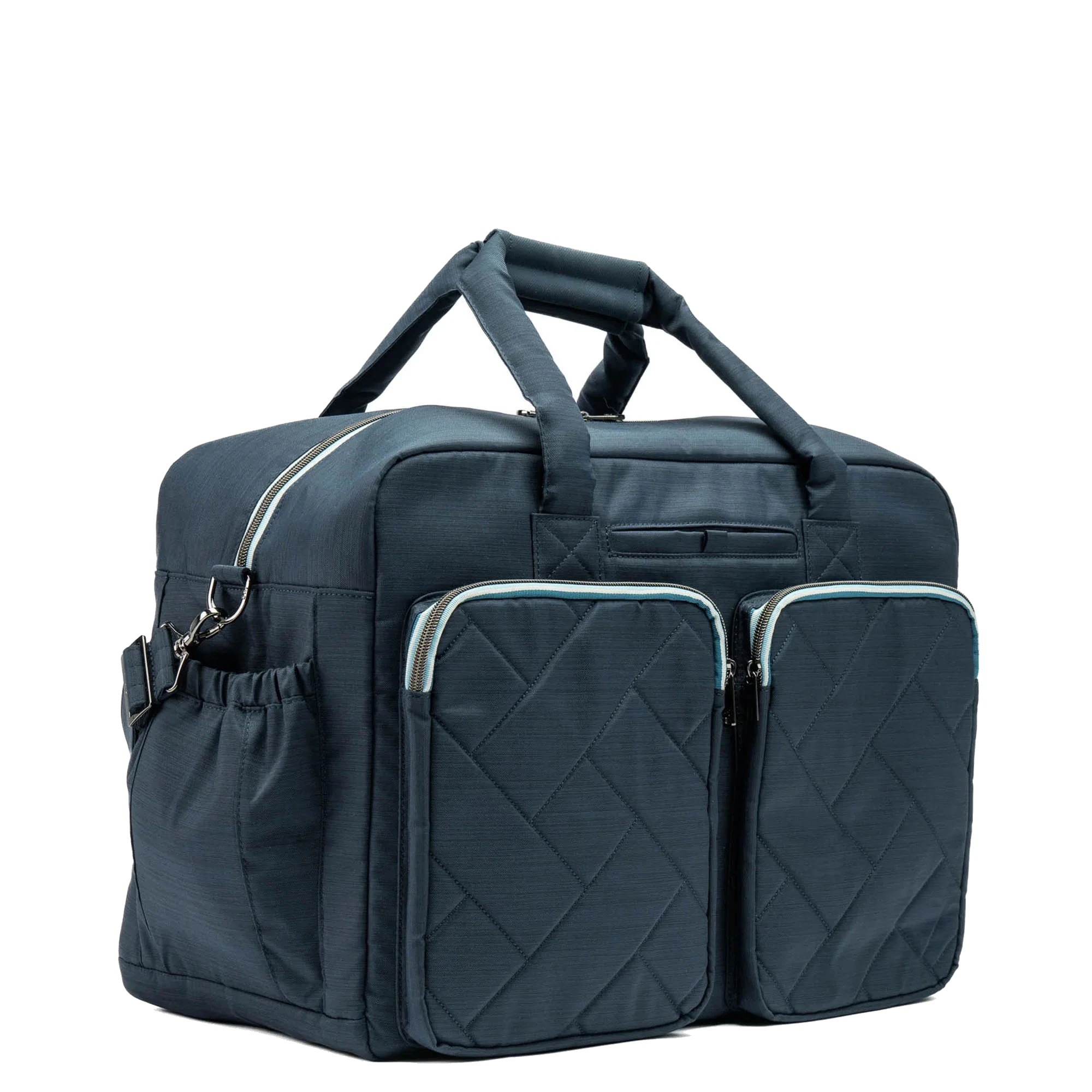 Custom drifter duffel / heather indigo — bag sample developed and produced by ProtoBag Studio