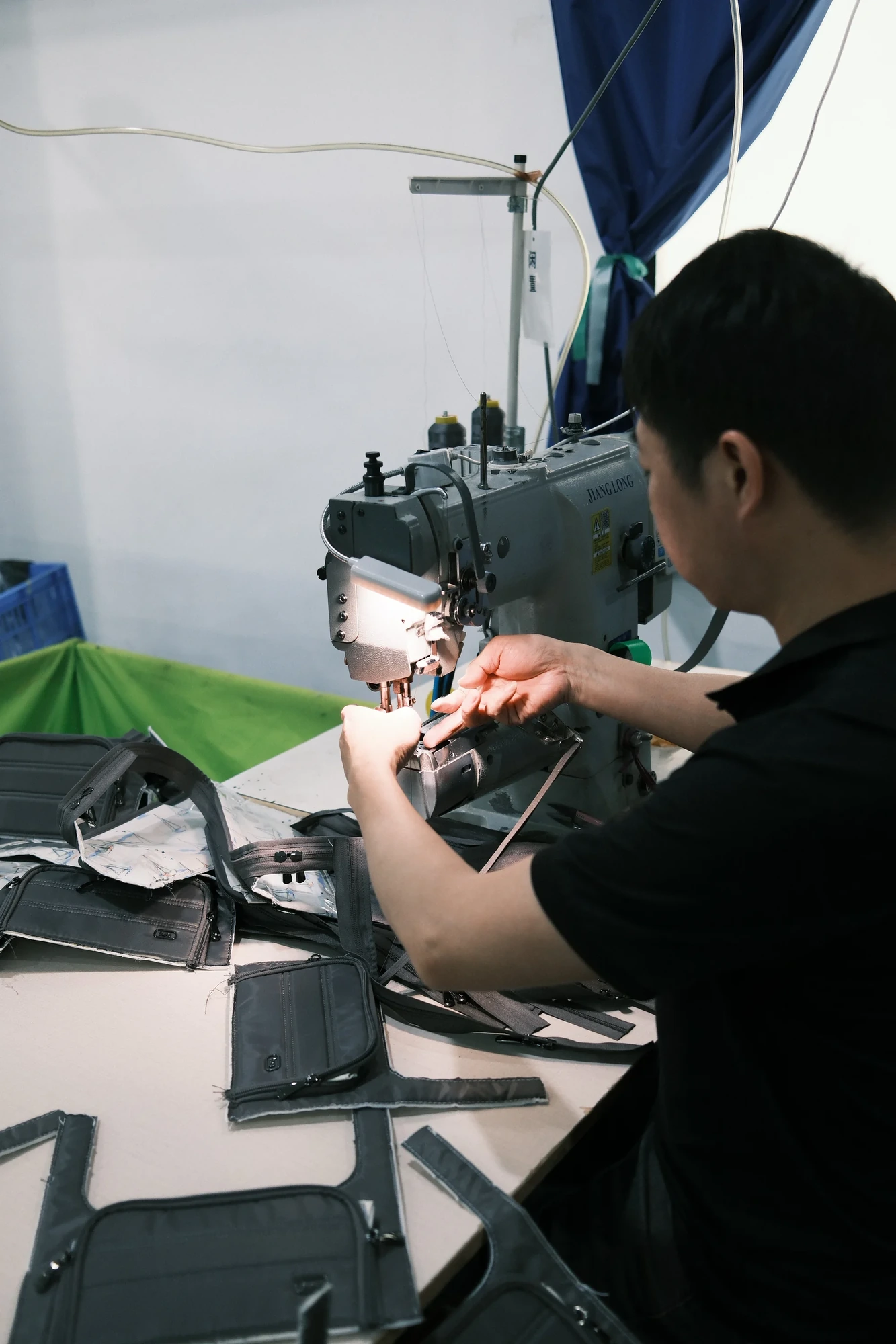 Hardware and component detail on a finished bag