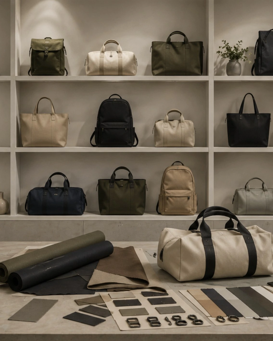 Bag samples on display shelves