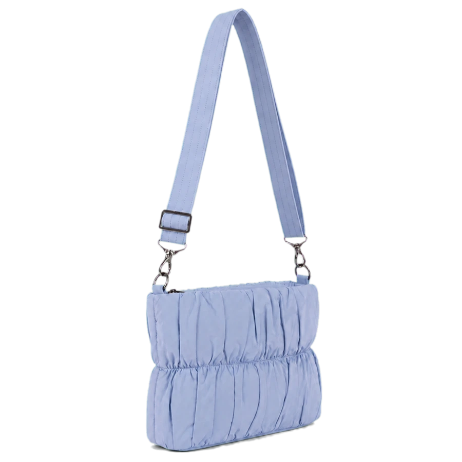 Custom gathered crossbody / powder blue — bag sample developed and produced by ProtoBag Studio